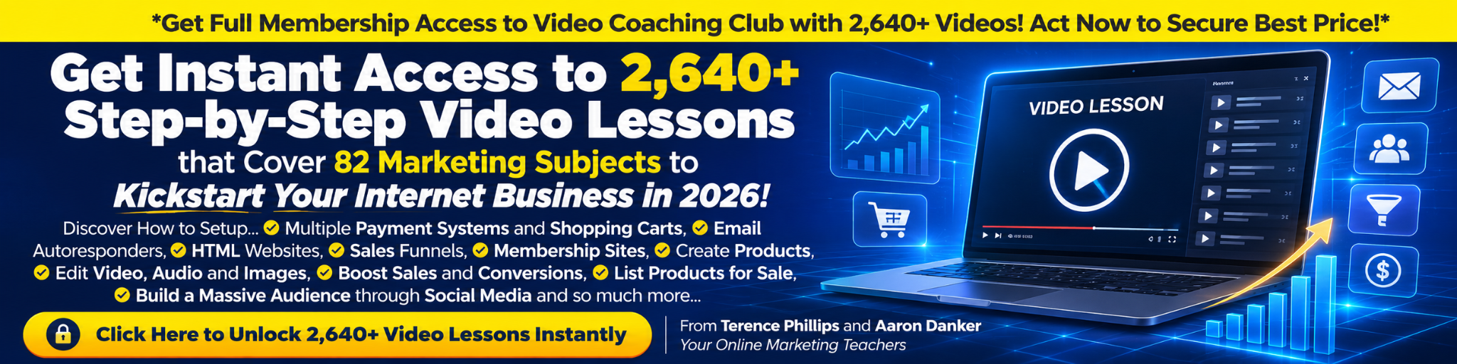 Video Coaching Club membership banner highlighting 2,640 plus step-by-step video lessons and online marketing training.